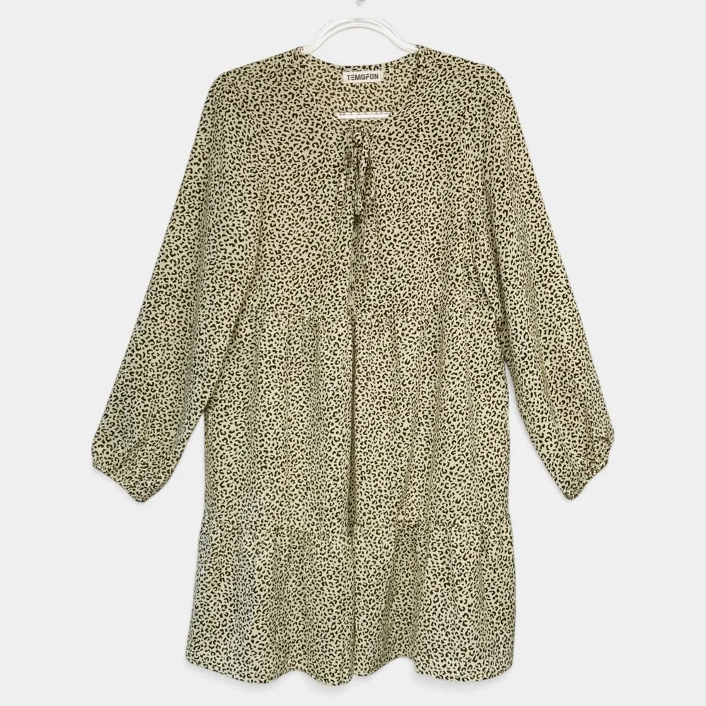 Temofon Womens‎ Sz M Leopard Print Tiered Mini Dress Brown Tan Long Sleeve Rayon